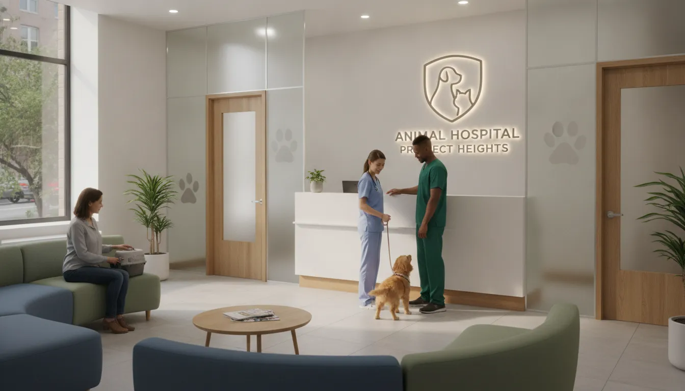 Animal hospital reception area in Prospect Heights with staff, pet owner, and dog.
