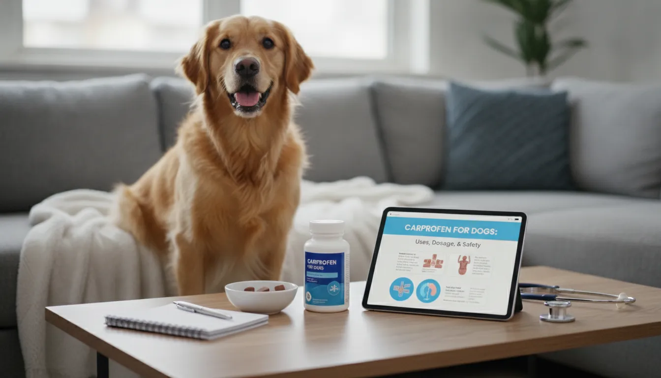 Golden retriever with carprofen for dogs, medication bottle, and dosage tablet for pain relief.