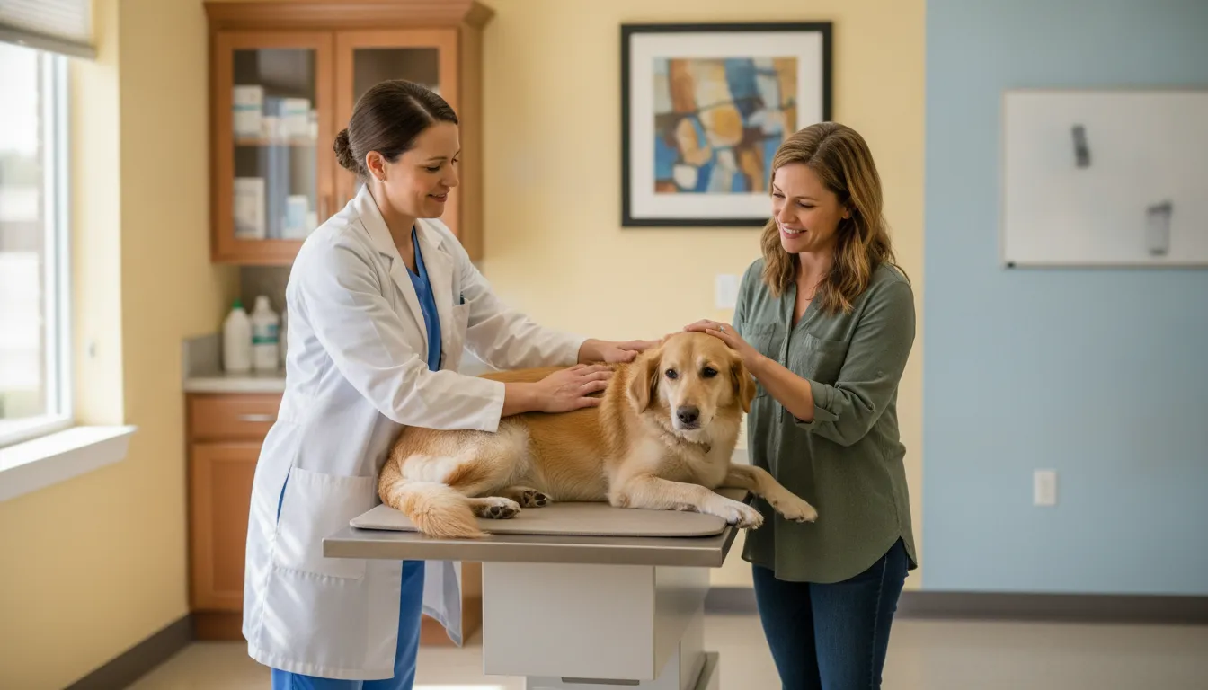 Dog receiving a calm wellness examination from a veterinarian