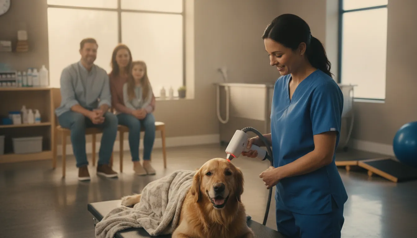 Veterinarian providing laser therapy to a calm dog