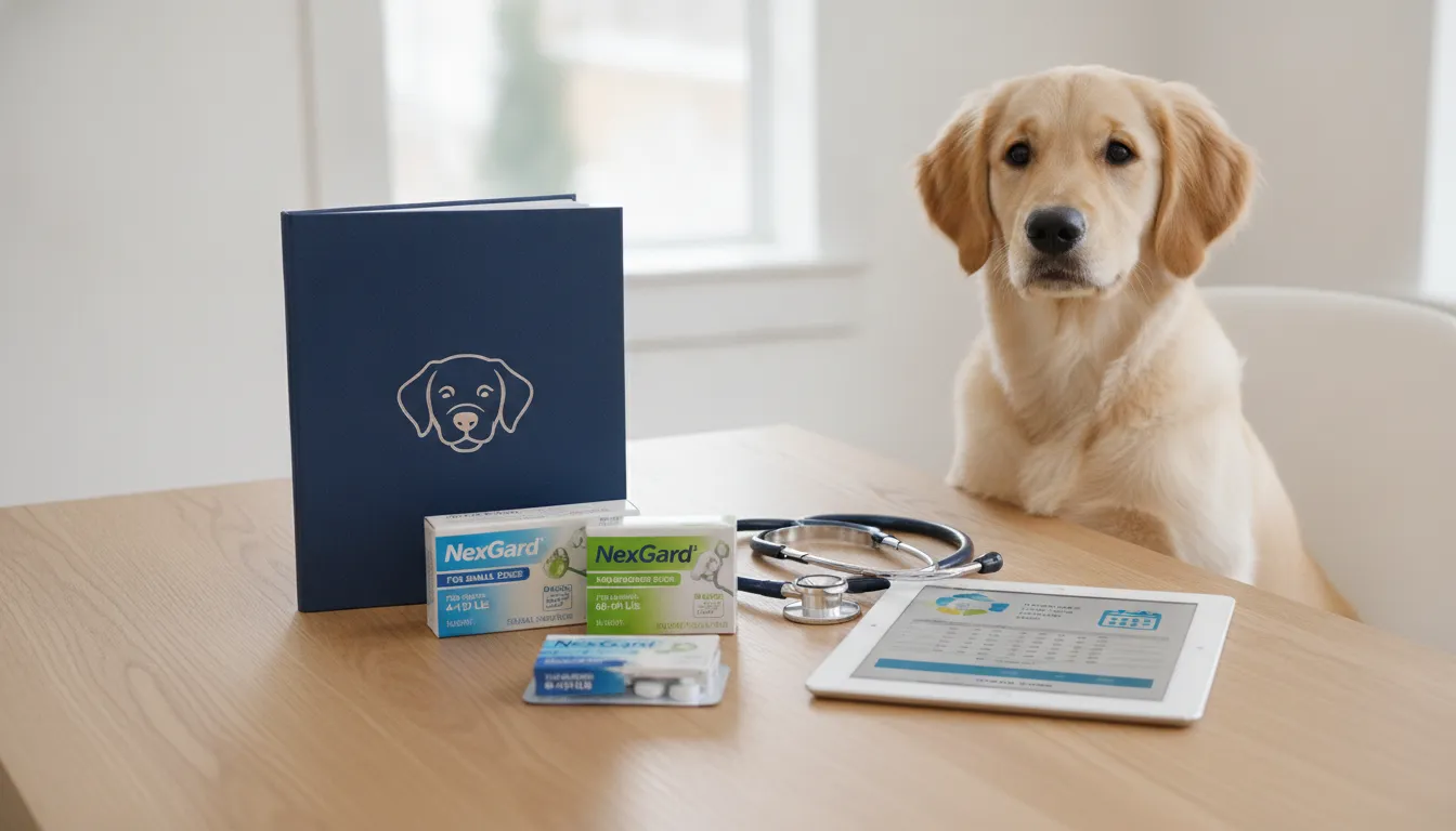 Golden retriever beside NexGard for dogs, a stethoscope, and tablet at a veterinary office.
