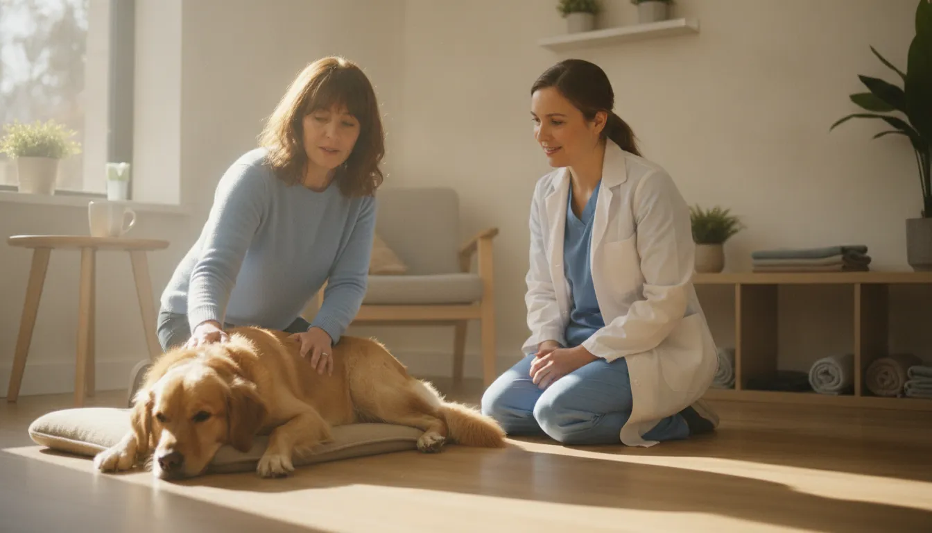 Veterinarian gently observing a dog beside its owner during a calm examination