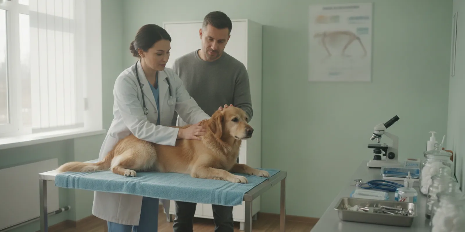 Veterinarian examining a dog after a suspected allergic reaction