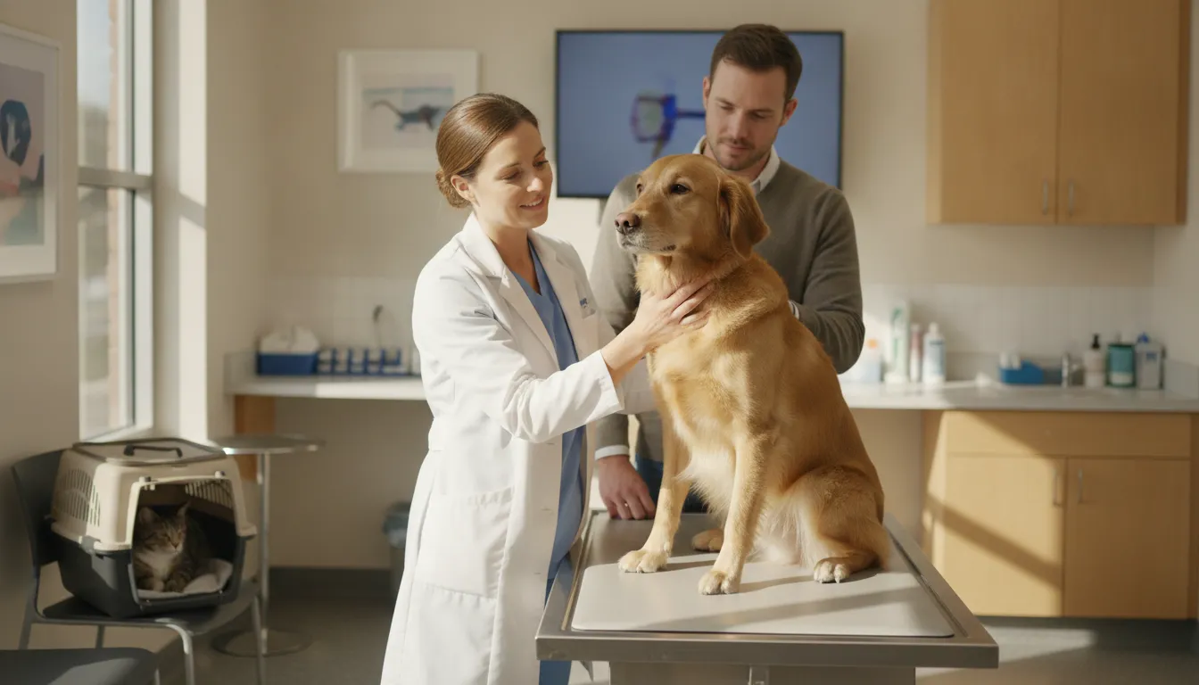 Veterinarian examining a dog beside its owner during a preventive care visit