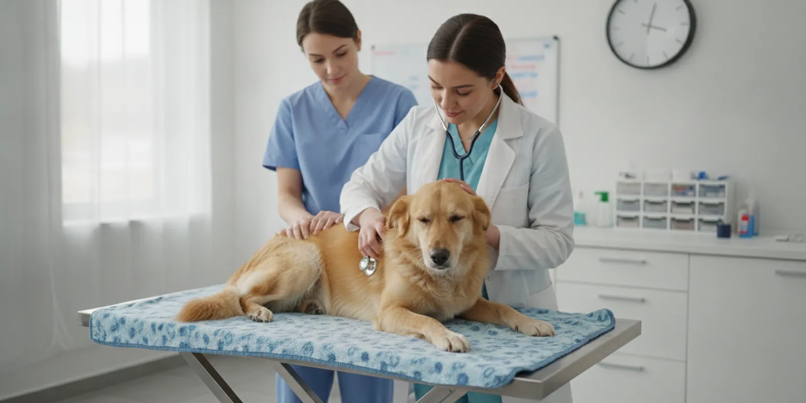 Veterinarian gently checking a calm dog before a procedure