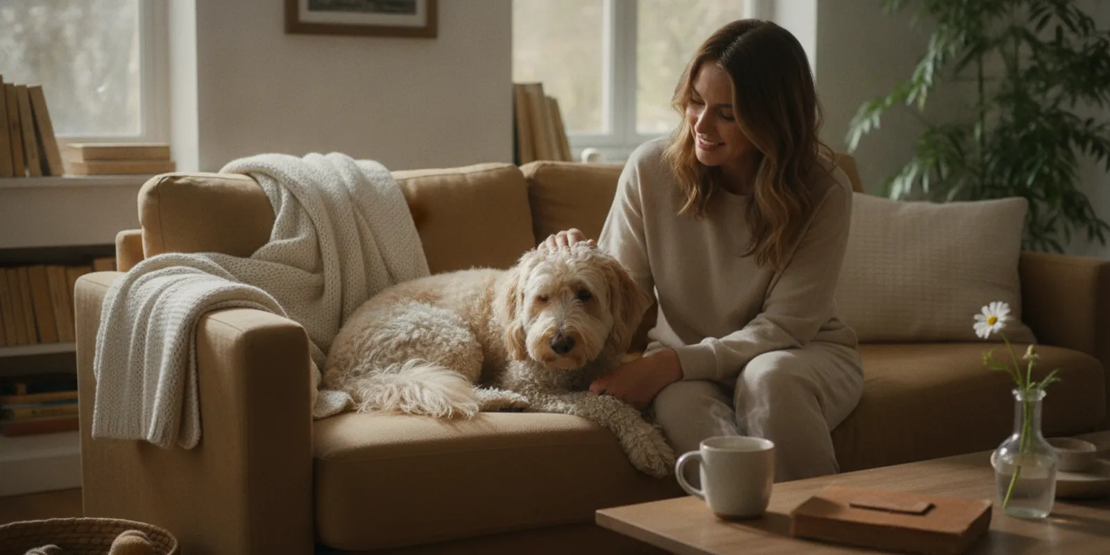 Dog resting calmly beside its owner at home before a veterinary surgery visit