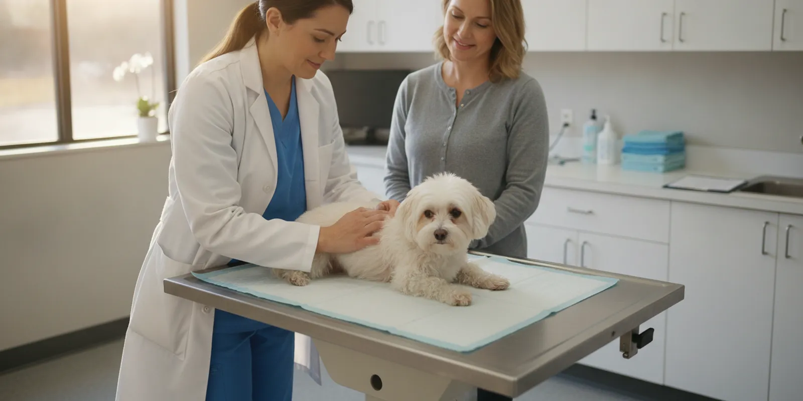 Veterinarian gently examining a small dog’s hind leg during an orthopedic consultation