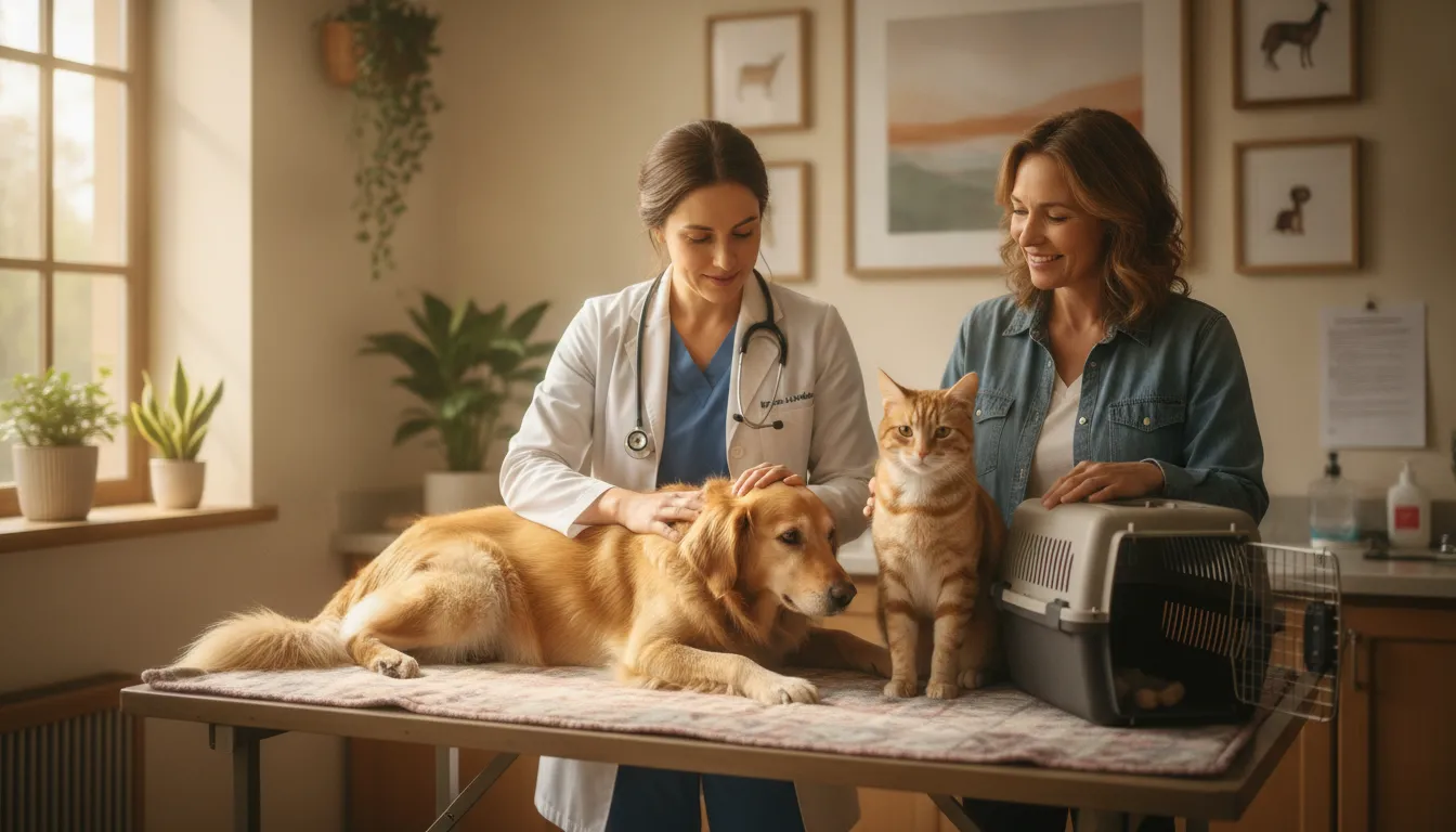 Veterinarian discussing parasite prevention with a dog, cat, and pet owner