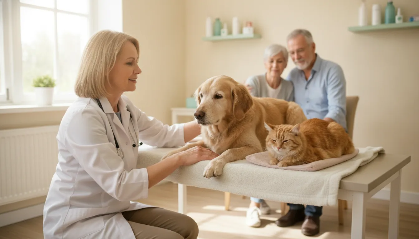 Veterinarian examining an older dog and cat during a senior pet wellness visit