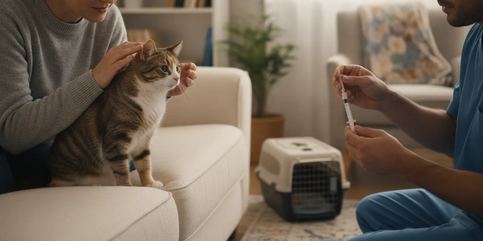 Cat being gently comforted at home in a familiar room
