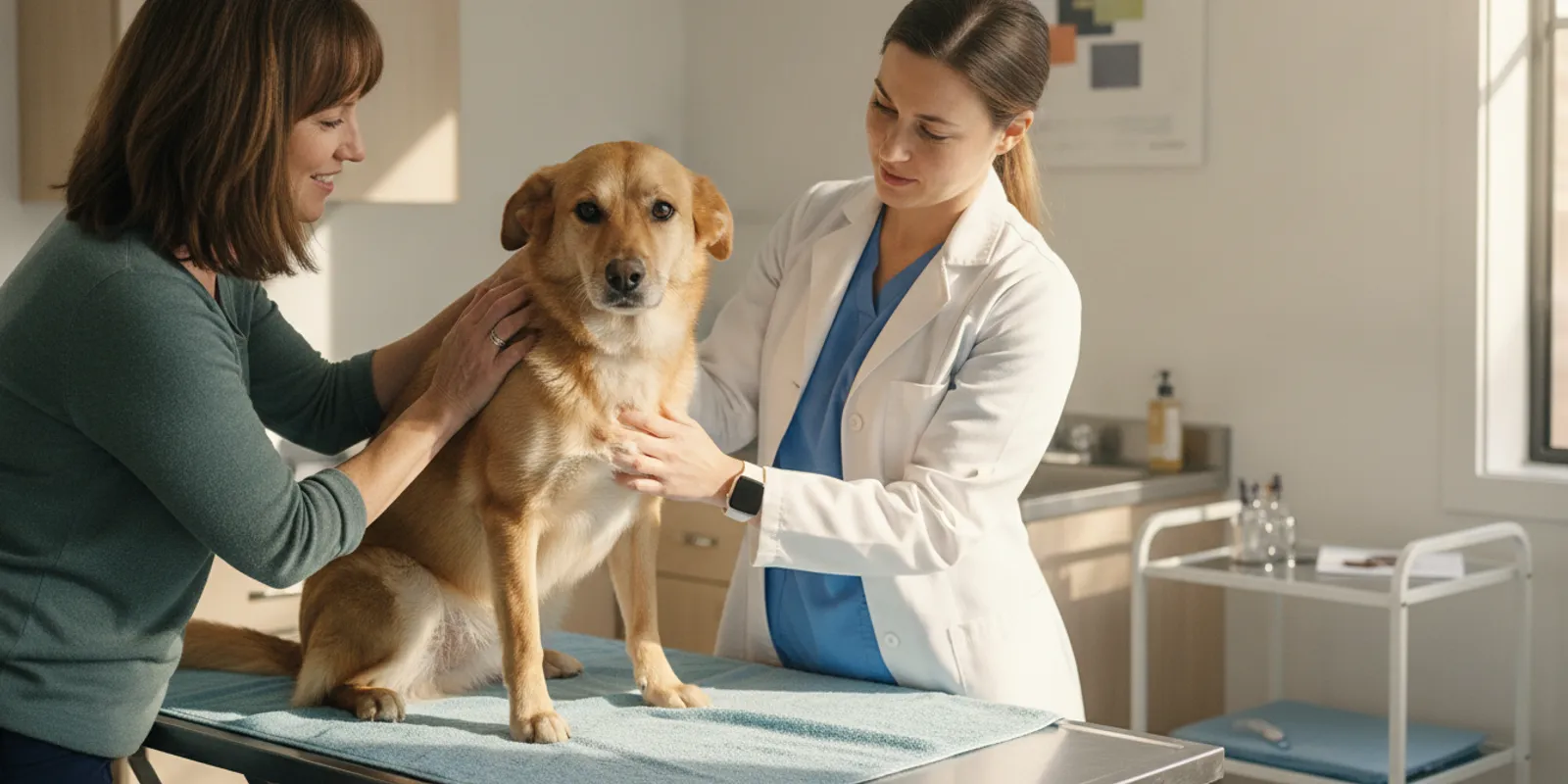 Veterinarian calmly examining a dog in a bright veterinary exam room