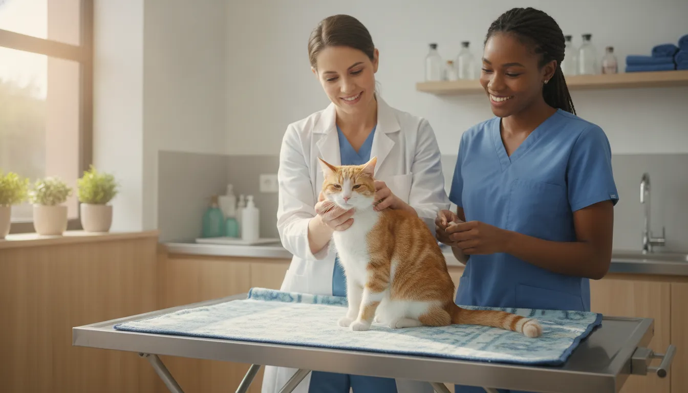 Veterinarian gently examining a cat for balance changes