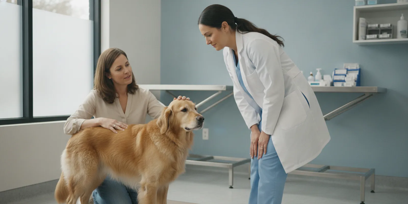 Dog standing with a slight head tilt beside its owner during a calm veterinary examination