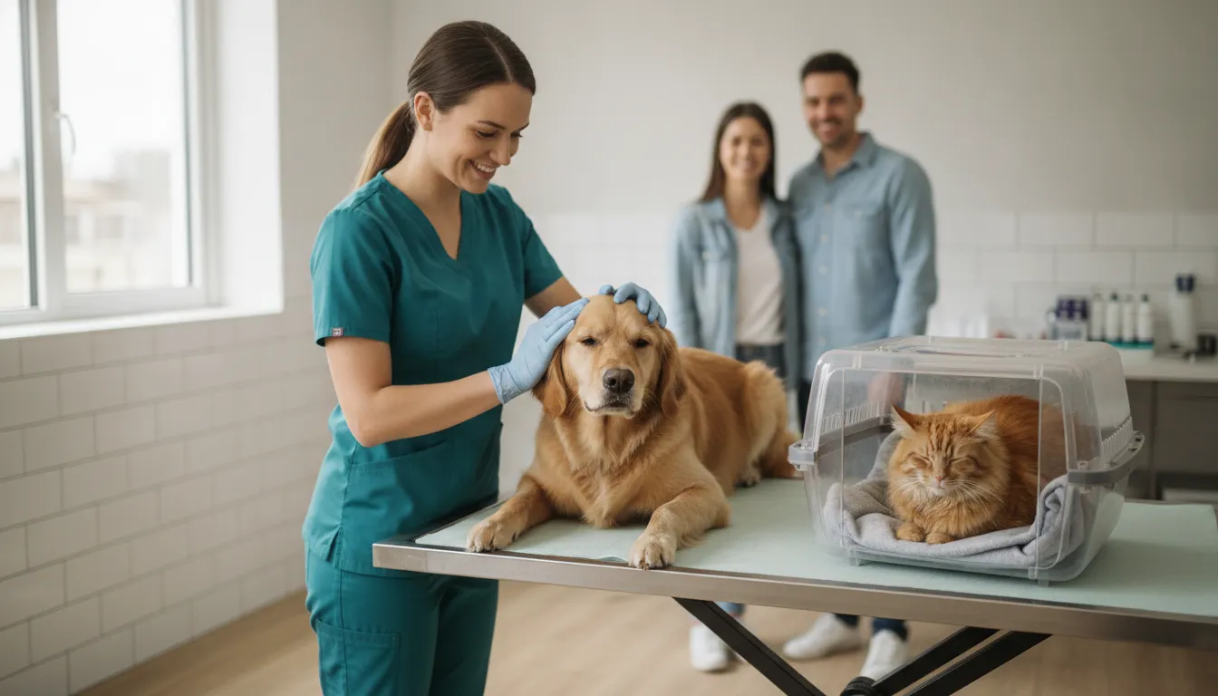 Veterinarian performing a calm pet wellness exam for a dog and cat