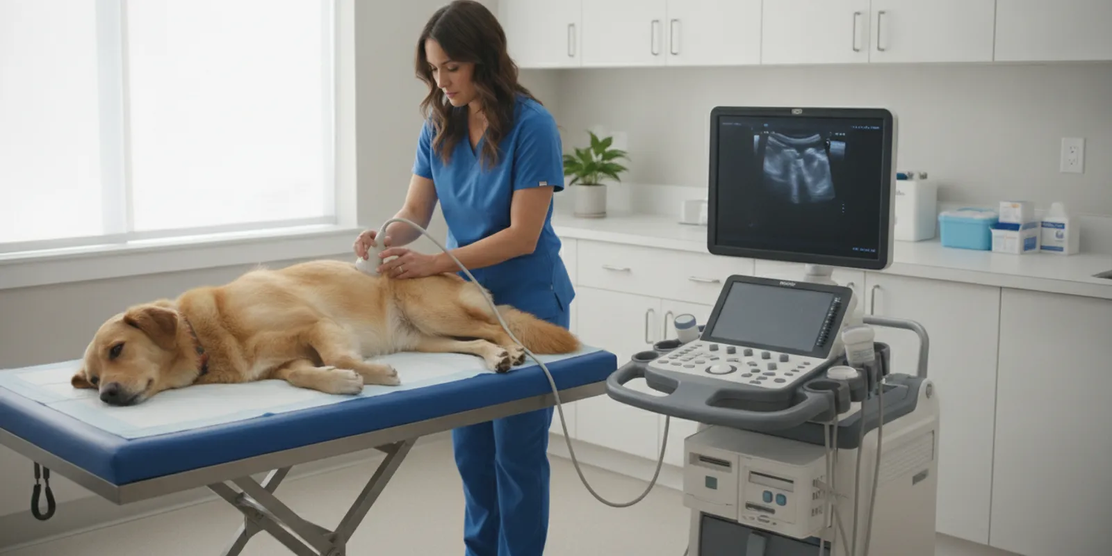 Veterinarian performing an abdominal ultrasound on a calm dog in an examination room