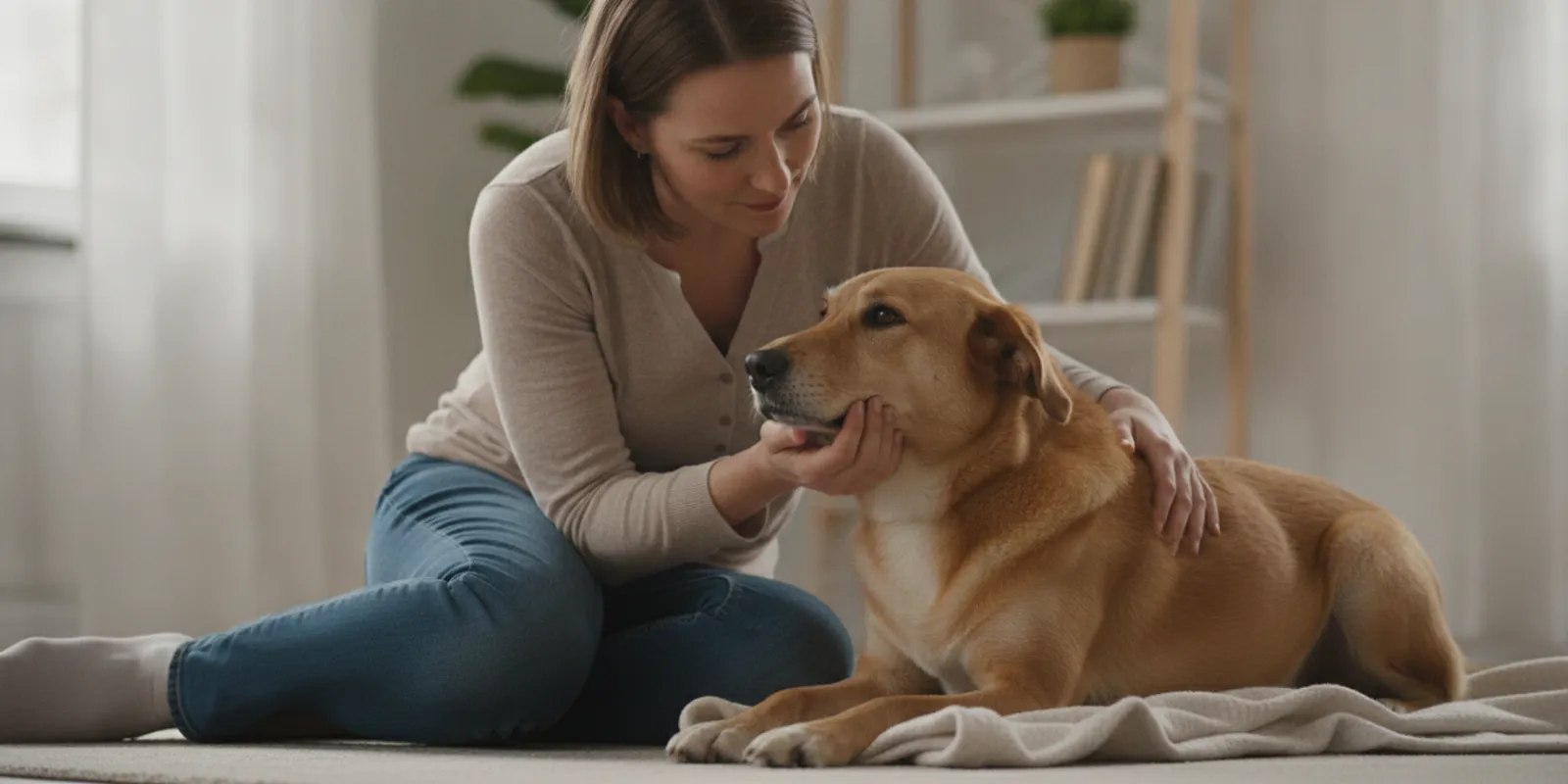A calm dog resting beside its owner while they gently check its muzzle