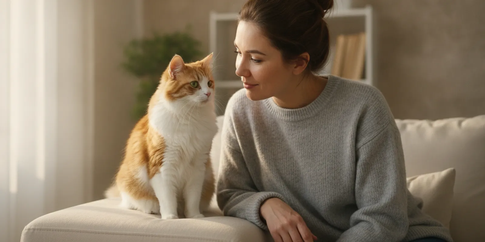 Cat sitting calmly beside its owner while the owner gently checks its face